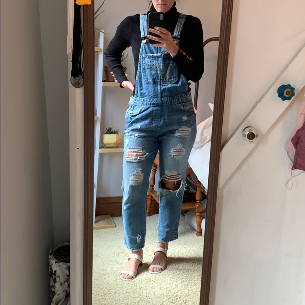 Zara Trafaluc Distressed Denim Overalls Size M